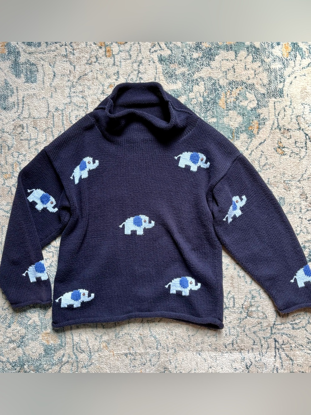 🐘House of Logan Camden Maine Kid’s Blue Knit Elephant Sweater Rollneck Size 5T